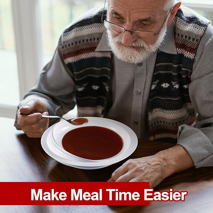 Hushee Adaptive Spill Proof Scoop Bowl and Plate Set with Suction Base Non Skid Self Feed Dinnerware for Elderly Disabled Handicapped from Parkinsons, Dementia, Stroke, Tremor(2 Sets,Red and White)