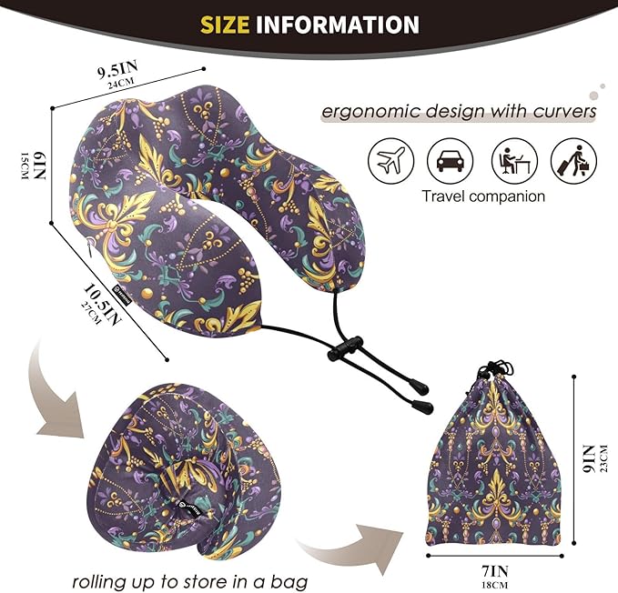 Travel Pillow for Neck Head, Mardi Gras Fleur De Lis Beads Memory Foam Padding Sleeping Airplane Trains Cars Camping Office