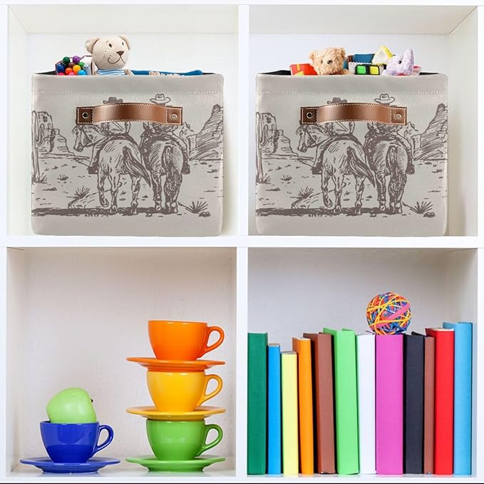 Western Desert Cowboy Storage Basket Cube Storage Bins Organizer Bag Collapsible Closet Shelf Baskets with handle for Cloth Book 14.2×10.2×8.3 IN