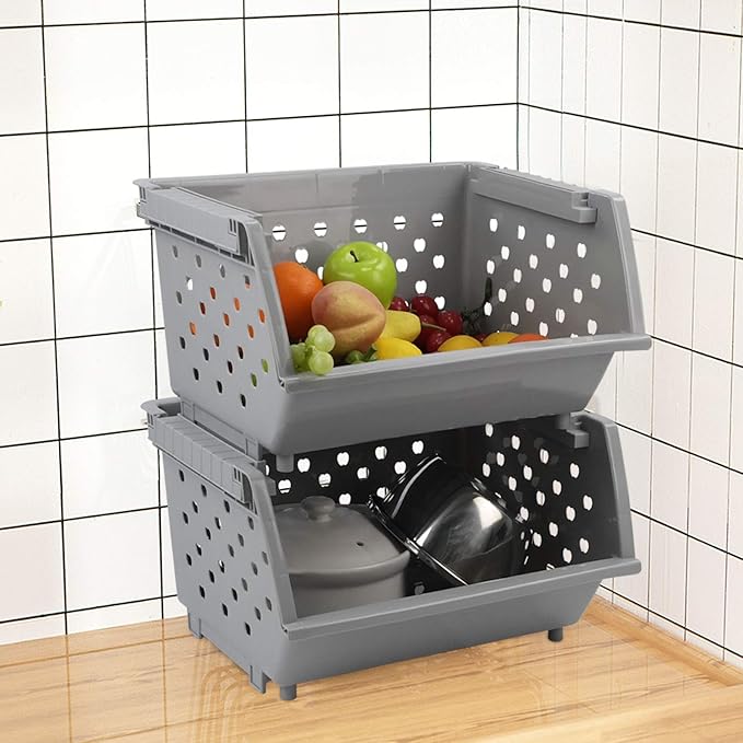 3 Pack Stacking Open Front Storage Bins, Gray Stackable Pantry Basket Plastic