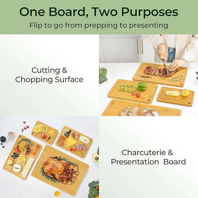 4-Pcs Natural Wood Cutting Board Set Kitchen Tools with Juice Groove, Wooden Chopping Board for Meat, Fruit, Vegetables & Cheese (Pre Oiled, Natural)