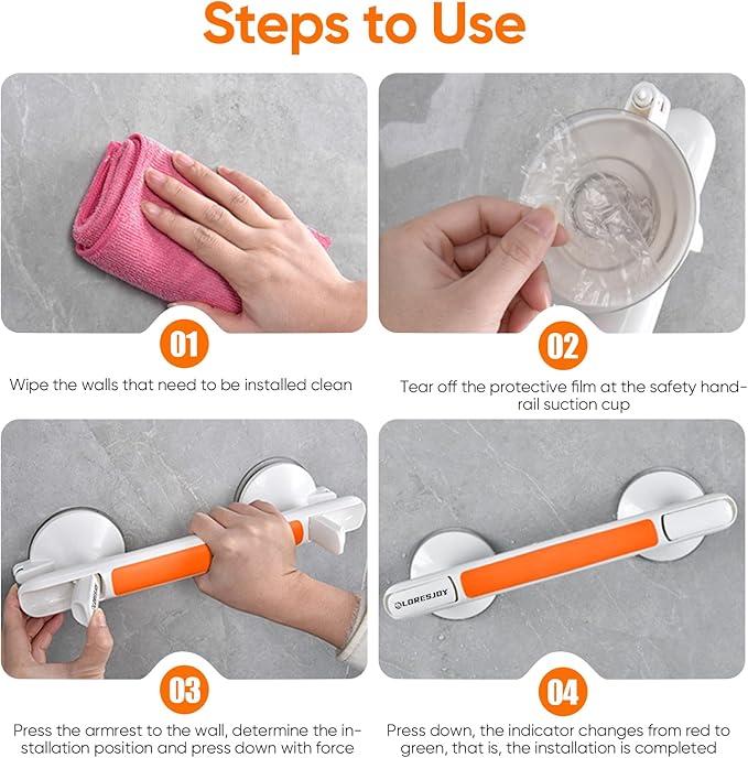 Showers Bathtubs Grab Bars, Slip Grip Handrails, Heavy Duty Anti Slip Grip, Removable Safety Rail, Cup Handle with Pressure Indicator, No Drill Installation, Safety Support (Orange)