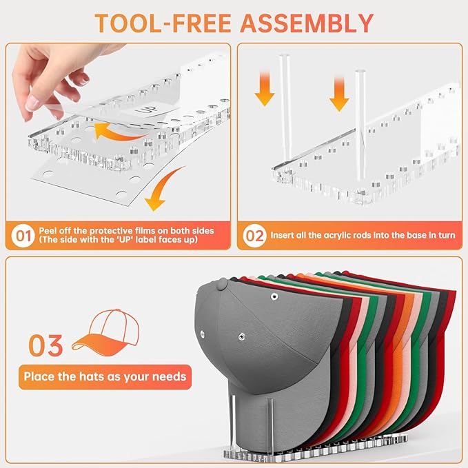 Kadolina Hat Organizer for Baseball Caps, Acrylic Hat Rack for 14 Baseball Caps, Hat Holder Display and Organizer for Closet, Tabletop, Dressing Table