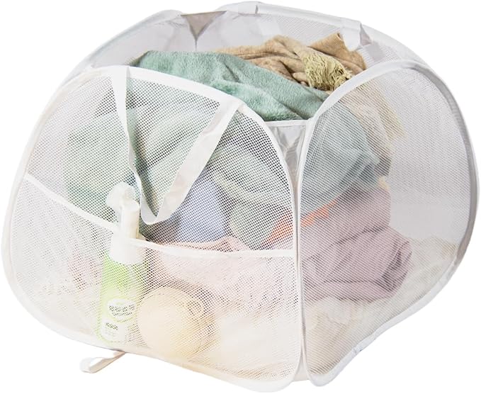 Collapsible Laundry Basket 90L, Foldable Mesh Pop-up Laundry Hamper with Handles, Dirty Clothes Hamper for Laundry with Side Storage Pocket (White)