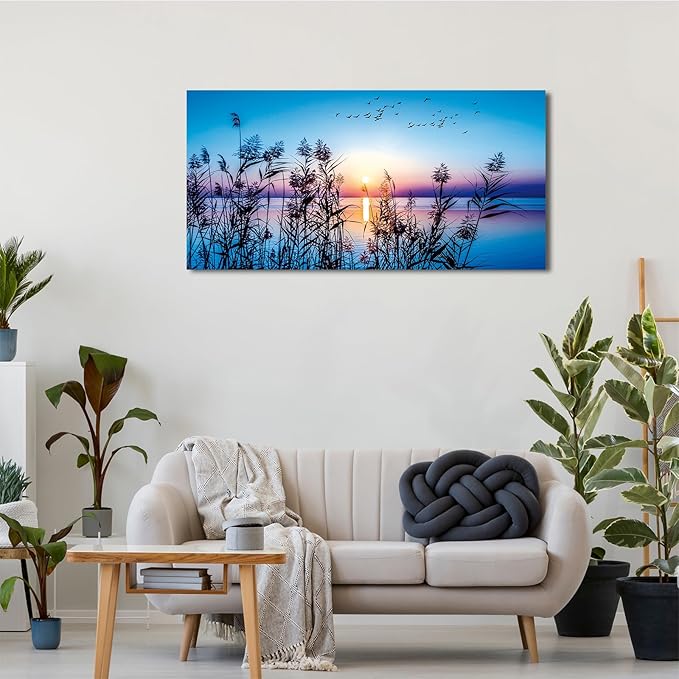 arteWOODS Sunset Lake Canvas Wall Art - Nature Pictures for Home Decor Reed Birds Sunlight Canvas Painting Blue Sky Lake Scene Print Artwork for Living Room Bedroom Office Wall Decoration 20" x 40"