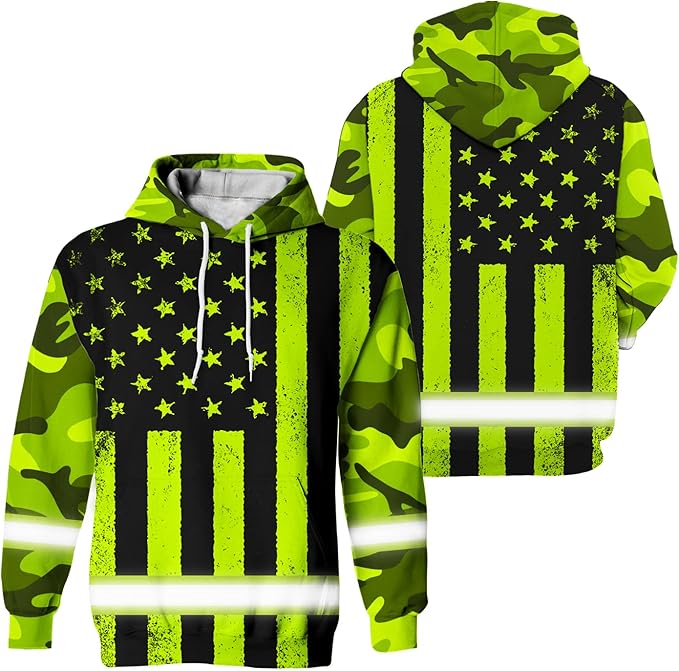 US Flag High Visibility Hoodie for Men Reflective Hoodie Safety Workwear for Worker Runner Patriotic ACC02