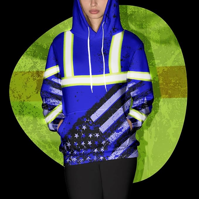 US Flag High Visibility Hoodie for Men Reflective Hoodie Safety Workwear for Worker Runner Patriotic ACC02