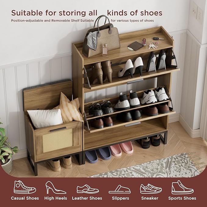 Maupvit Shoe Storage Cabinet with Bench,Rattan Entryway Shoe Storage Bench with 2 Flip Drawers and Hanging Hooks,Narrow Slim Shoe Cabinet for Entryway,Living Room,Hallway,Rustic Oak