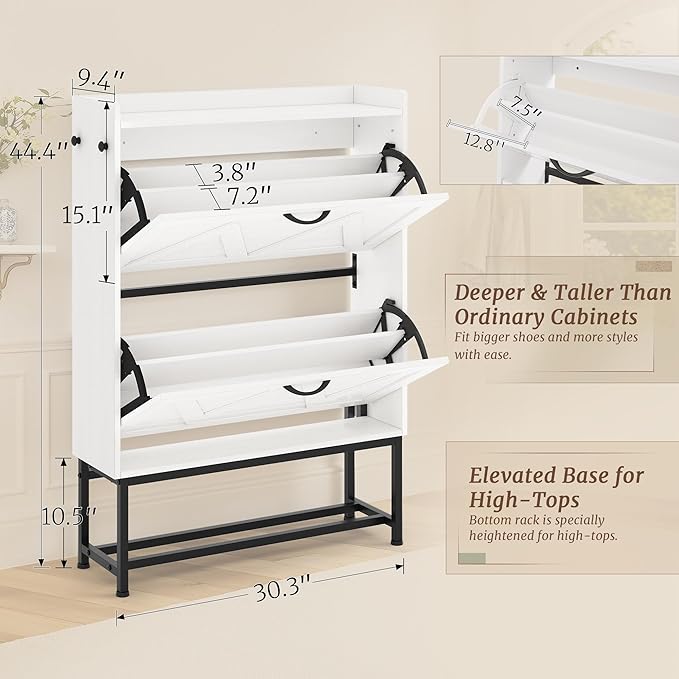 Narrow Shoe Storage Cabinet with 2 Flip Drawers & Adjustable Shelf for Entryway, Freestanding Hidden Slim Shoe Organizer Rack, White