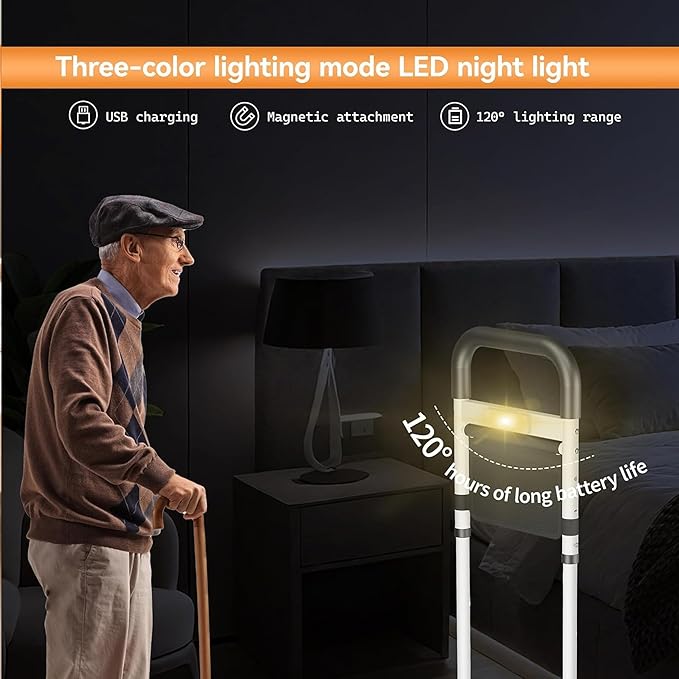 Bed Rails for Elderly Adults Safety, ASTM Safety Approved Adjustable Bed Assist Rail for Seniors, 400lb Weight Capacity, with LED Light & Storage Pocket & Fixing Strap,Fit King/Queen/Full/Twin Bed