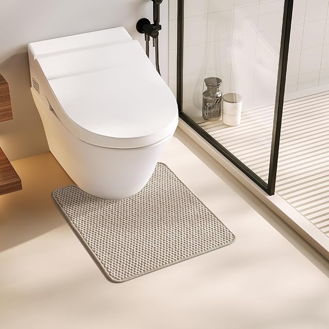 Toilet Rug, Thin Toilet Rugs U Shaped Washable Non Slip Absorbent Quick Dry Low Pile Toilet Mat, Beige 20"x24" U Shape