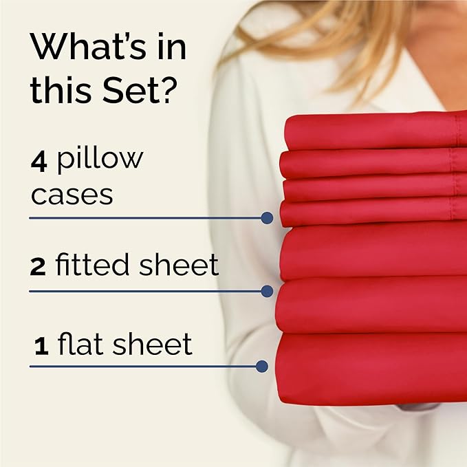 Split King 7 Piece Sheet Set - Cooling & Breathable Bed Sheets - Hotel Luxury Bed Sheets for Women, Men, Kids & Teens - Bedding w/Deep Pockets & Easy Fit - Soft & Wrinkle Free - Split King Red Sheets