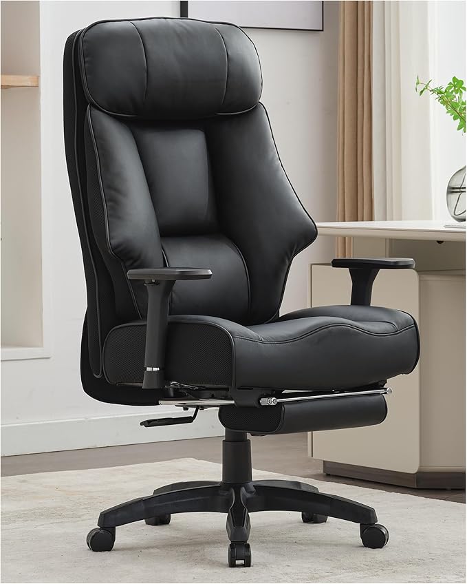 DJ·Wang Big and Tall Office Chair 400lbs with Foot Rest, High Back Executive Office Chair with Extra-Thick Spring Cushion, Ergonomic Leather Chairs Black