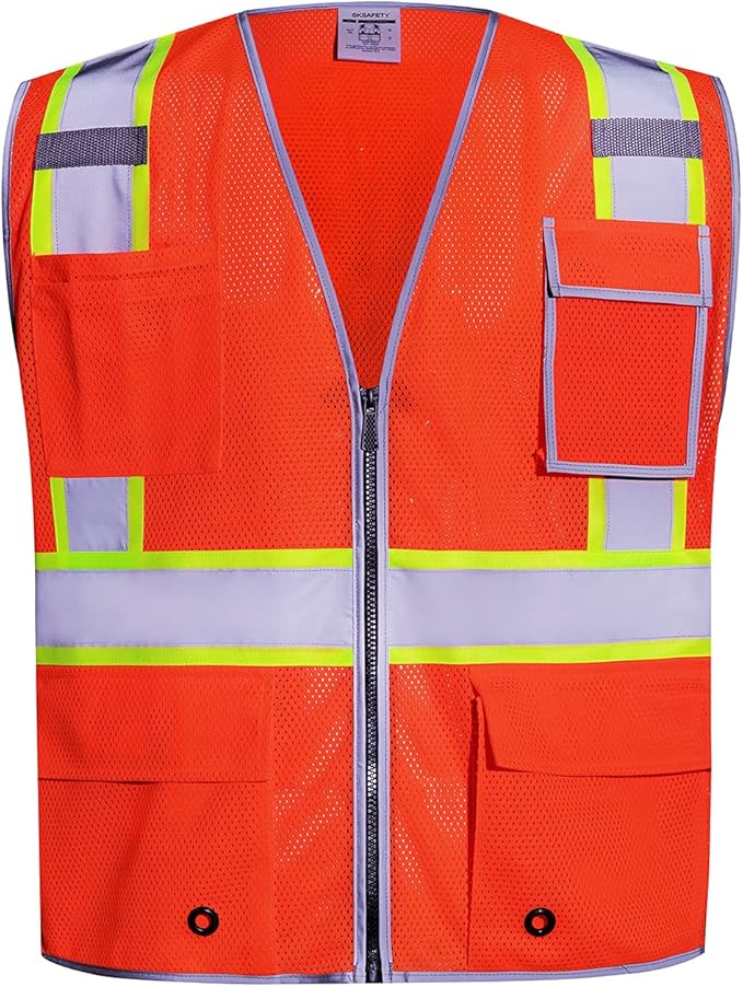SKSAFETY 10 Pockets Safety Vest, Class 2 High Visibility Security with Zipper Double-sided mesh, Hi Vis Vest with Reflective Strips, ANSI/ISEA Standard, Construction Work Vest （Orange, XL）