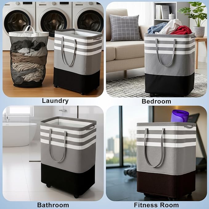 Wakefit 105L Large Laundry Basket, Laundry Hamper with 4 Wheels, Collapsible Waterproof Clothes Basket, Freestanding Hamper with Handles for Bedroom, Bathroom, Laundry Room (Gray - L)