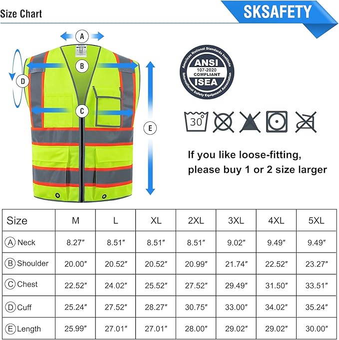SKSAFETY 10 Pockets Safety Vest, Class 2 High Visibility Security with Zipper, Hi Vis Vest with Reflective Strips, ANSI/ISEA Standard, Construction Work Vest for Men ＆ Women （Lime, 4XL）
