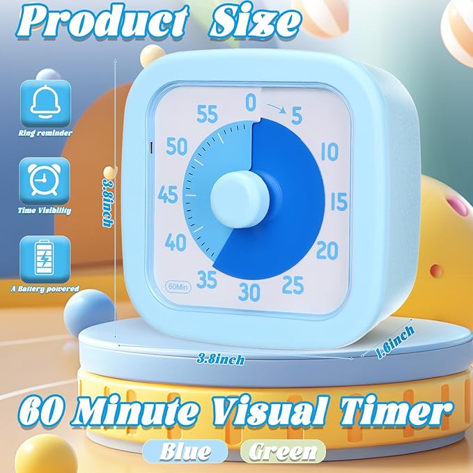 2 Pack Visual Timer 60 Minute Countdown Timer Colored Countdown Clock for Homeschool Supplies Study Tool, Classroom Home Office Time Management Tool (Classic, Blue, Green)