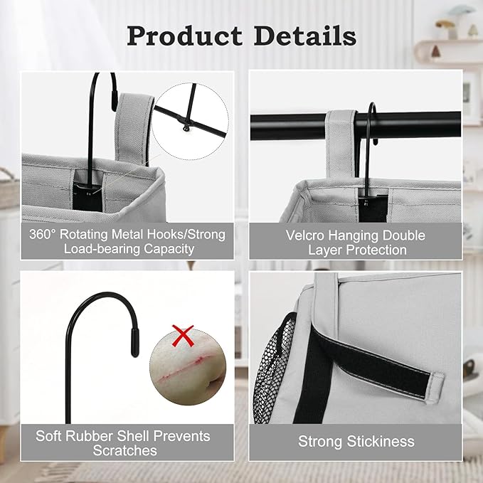 Surblue Bedside Organizer with Hook Bedside Caddy Hanging Storage Bag with Adjustable Straps and Water Bottle Holder for Home College Dorm Bunk Bed Accessories, Crib Bed, Hospital Bed,Lightgrey,2PCS