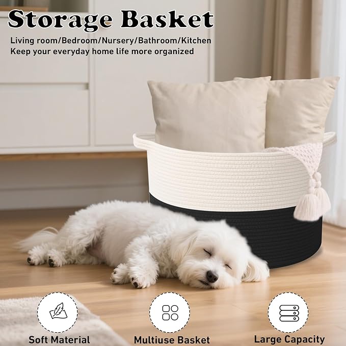 Large Storage Basket with Handle,23.6" x 23.6" x 15.7" Blanket Basket Storage Bins for Organizing,65L Cotton Rope Woven Baskets for Living Room, Nursery,Bedroom,White&Black