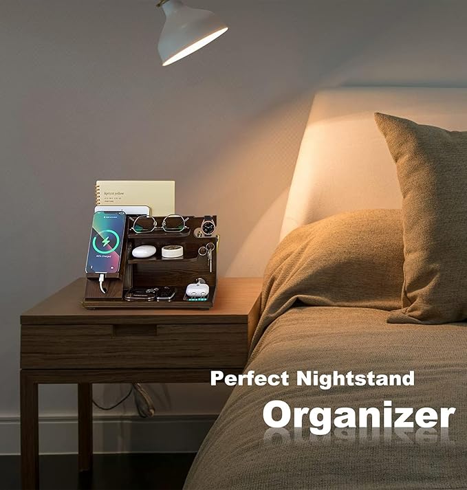 KOCWELL Wood Phone Docking Station, Gifts for Men, Nightstand Organizer Wood for Phone Tablet Earphones Watch Wallet Rings Pens Keys Notebook etc, Birthday Gifts for Men Husband Dad Boyfriend