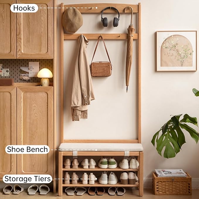 Oak Coat Rack, Solid Wood Hall Tree with Shoe Bench, 2-Tier Shoe Rack with 7 Hooks for Entryway, Hallway, 13.8" x 31.5" x 72.8", Natural