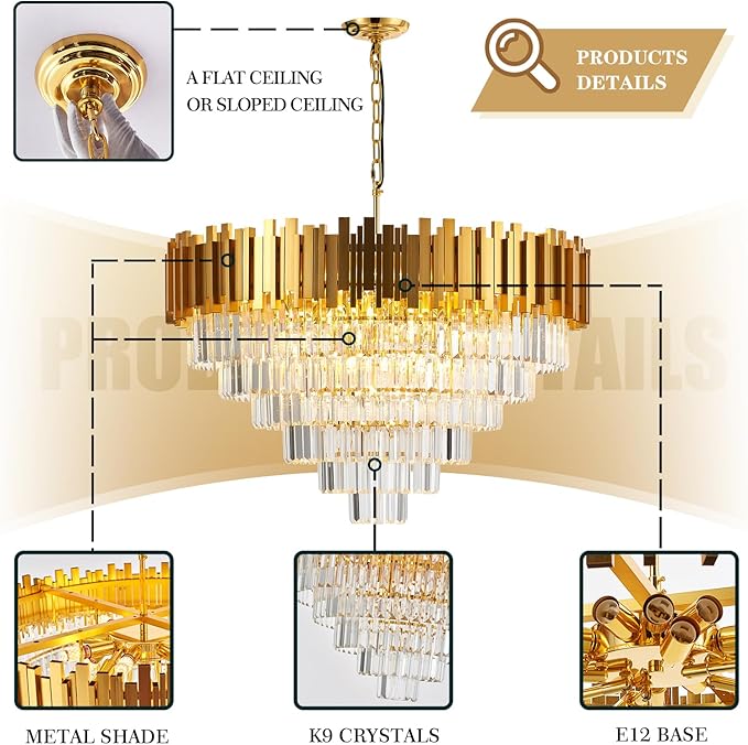 18-Lights 6 Tiers Gold Crystal Chandeliers Luxury 31.5" Modern Crystal Pendant Chandelier Round Hanging Lighting for Living Room Foyer High Ceiling Bedroom Restaurant