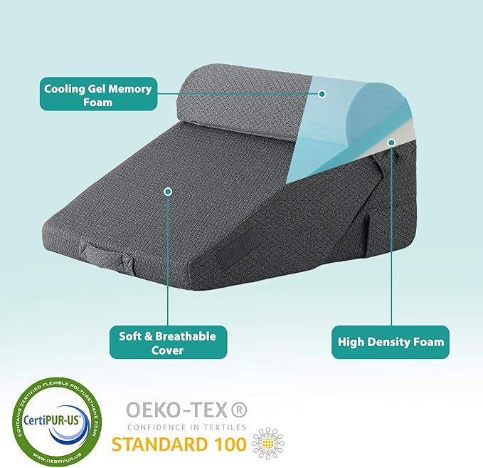 Bedluxe Adjustable 4pcs Bed Wedge Pillow Set, Memory Foam Wedge Pillow Post Surgery for Back, Neck, Leg Pain Relief, Pillow Wedge for Sleeping, Sitting up in Bed, Acid Reflux and GERD, Dark Grey
