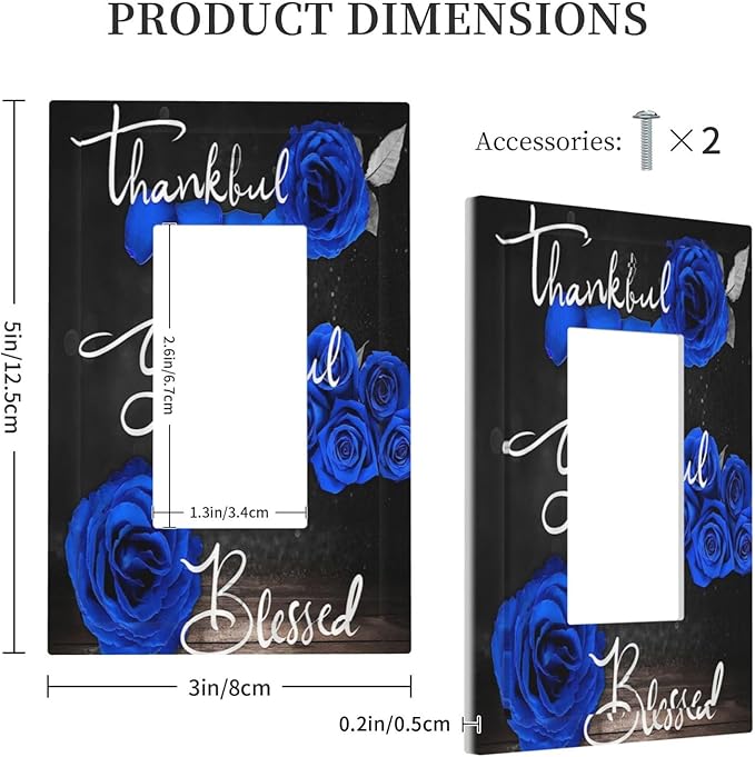 Outlet Covers Blue Rose Thankful Grateful Blessed 1 Gang Wall Plate Single Rocker Light Switch Cover Romantic Blue Floral Decorative GFCI Receptacle Cover Electrical Switchplate for Home Decor