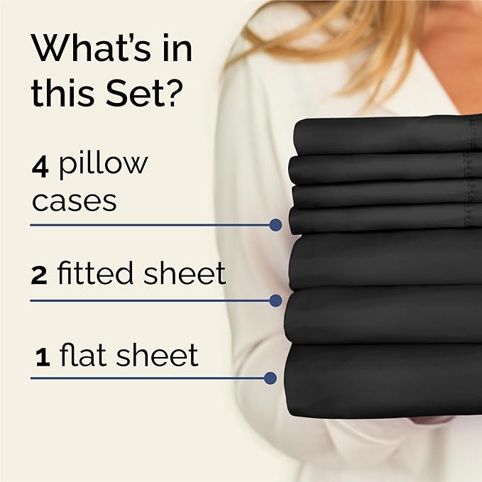 Split King 7 Piece Sheet Set - Cooling & Breathable Bed Sheets - Hotel Luxury Bed Sheets for Women, Men, Kids & Teens - Deep Pocket Bedding w/Easy Fit - Soft & Wrinkle Free - Split King Black Sheets