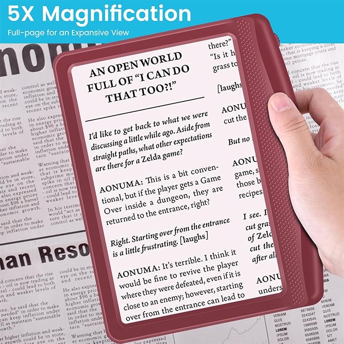 Rechargeable 5X Magnifying Glass for Reading, Large Bright Full Page Magnifier with Light, Handheld LED Dimmable Lighted, Lightweight Book Magnifier for Reading Small Prints Seniors - Red