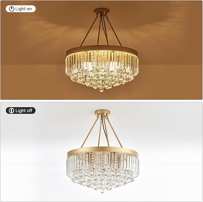 9-Light Gold Crystal Chandelier Contemporary 22'' Modern Semi Flush Mount Crystal Hanging Light Sparkling Decoration for Bedroom Entryway Living Dining Room Kitchen Island Hallway