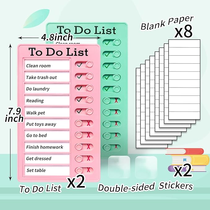 2 Pieces Chores Chart for Kids-Visual Schedule, Plastic Checklist Board, Detachable to Do List Whiteboard, Portable Routine Chart (pinkgreen)