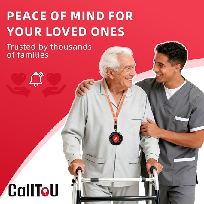 CallToU Caregiver Call Button Wireless Call Bell Alert Button for Seniors/Patients Call Light System for Elderly Home 2 Plugin Receiver 4 Waterproof Transmitter