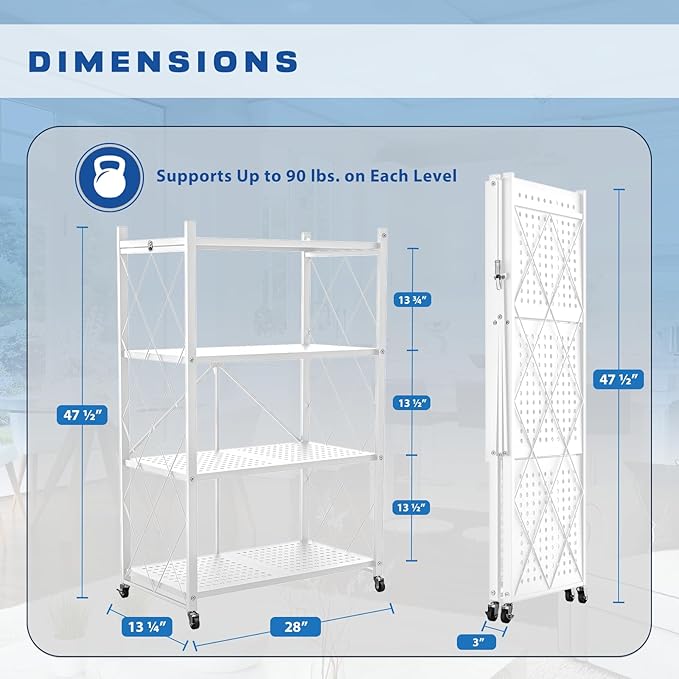 Lifetime Home 4-Tier Foldable Storage Shelf with Wheels - Metal Rack Collapsible Shelving Unit Display, Rolling Cart for Books Kitchen Storage Shelves, Pantry & Closet Organizer, Office Room Decor