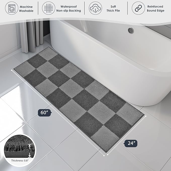 PURRUGS Bathroom Rug Non-Slip Machine Washable 24" x 60", Super Absorbent and Quick-Dry Bath Mat, Extra Soft and Plush Bath Rug for Shower, Bathtub and Sink, Grey & Dark Grey