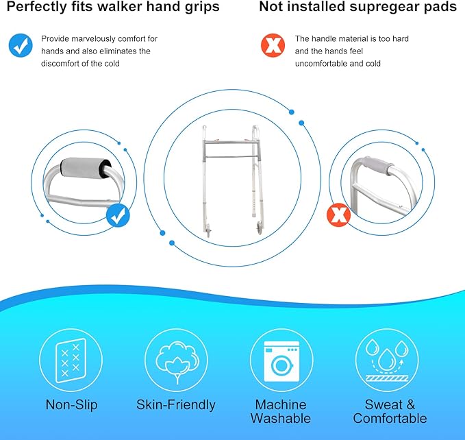 supregear Walker Grips (2 Pack), Soft Padded Hand Covers, Non-Slip Comfortable Cushion Padding for Folding Walker Handle, Moisture Wicking Mobility Accessory