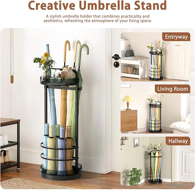 Rotating Free Standing Umbrella Holder for Entryway & Steel Round Umbrella Stand with Drip Tray, Acrylic Box, Holds 9+Umbrellas, Umbrella Rack Storage Canes,Sticks for Indoor Home Office,Black