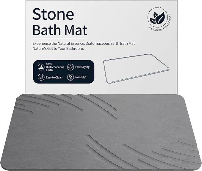 Stone Bath Mat Diatomaceous Earth Shower Mat Non-Slip Super Absorbent Diatomite Stone Mats for Bathroom Floor/Ktichen Cuonter Quick-Drying Easy to Clean (24''*16'' Grey-Feather)