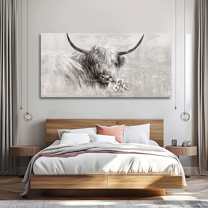 MLART99 Farmhouse Decor Wall Cow Painting Wall Art for Living Room White Flower Wall Decor 29"x 58" Grey Artwork for Bedroom Dining Room Decorations