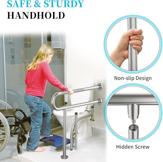 Toilet Support Rail 31.3X 31.5 Inch, Munzong Anti-Slip Satin Brushed Nickel Handicap Grab Bar for Bathroom, Stainless Steel Knurled Safety handrails with Leg for Elderly Disabled Pregnant-1.25’Tube