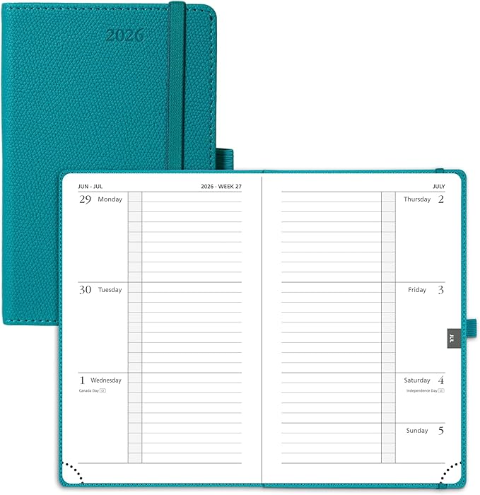 POPRUN 2026 Weekly & Monthly Planner Calendar,Pocket 4'' x 6.25'', Horizontal Layout with Lined Sections, Jan. 2026 - Dec. 2026, Leather Hardcover, 100GSM Paper, Inner Pocket - Pacific Green
