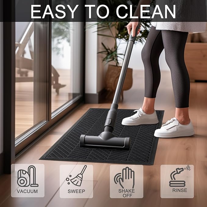 Front Door Mat 29.5"x17" Indoors Outdoors Welcome Mats, Waterproof Non-Slip Rubber Backing Heavy Duty Doormat Outside Entrance, Low Profile Entryway Rugs Floor Mat for Patio, Pattern A Black
