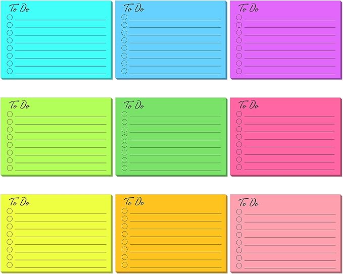 Pajean 9 Pcs/450 Sheet to Do List Sticky Note 3x4 Inch Self Stick Pads with Line Colored Planner Sticky Note Adhesive Memo for Office, Meeting, School, Study, Home Reminder (Fluorescent Color)