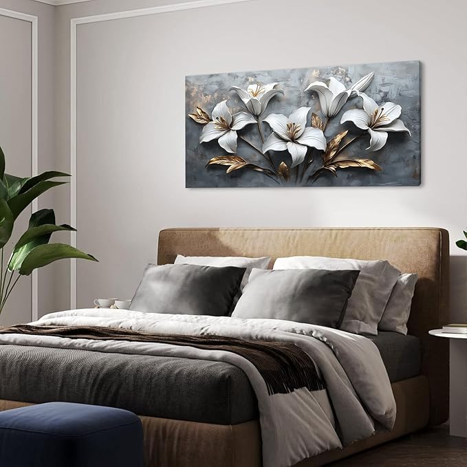 White Flowers Wall Art for Bedroom Canvas Painting Prints Beautiful Floral Gold Leaves Gray Modern Artwork Office Girls Decor
