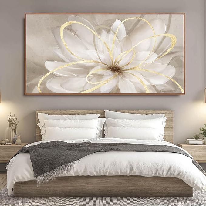SOUGUAN Floral Wall Decorations Gold and White Canvas Wall Art Line Photo Prints 36"x70" Large Wall Painting for Living Room Office