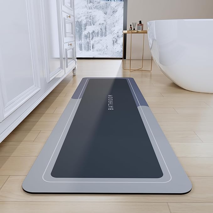 Bath Mat Rug, Rubber Non-Slip Quick Dry Bathroom Rugs, Super Absorbent Bath Mat, Thin Floor Shower Mat Fit Under Door, Bath Rug for Bathtub, Shower and Sink (17"x59", Blue)