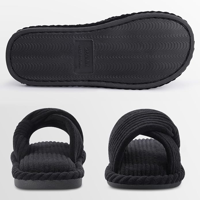 Evshine Fall House Slippers for Women Corduroy Cross Bow Indoor Slippers Open Toe Slip On Bedroom Shoes with Memory Foam