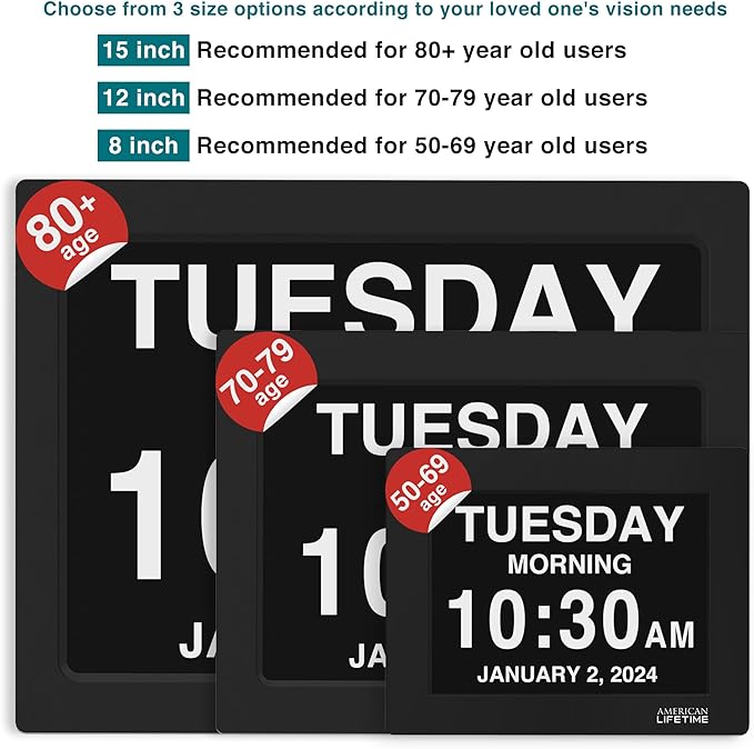 American Lifetime Upgraded Version, Day Clock Extra Large Impaired Vision Digital Clock with Backup and 5 Alarm Options, Black 15 Inches