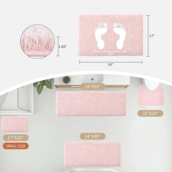 Small Bathroom Rug 17x24 Non Slip Pink Fluffy Bath Mat for Bathroom Floor Washable Plush Luxury Bath Rug for Tub Soft Shaggy Absorbent Shower Mat