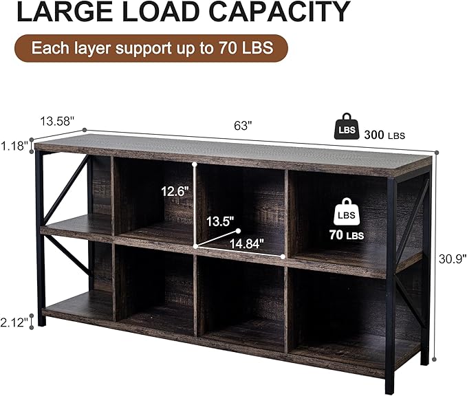 8 Cube Storage Organizer Bookshelf, Industrial Horizontal Bookcase, Accent Cubby Shelf, Media Console Table for Living Room, Home Office, 13.6" D x 63" W x 30.9" H, Dark Grey Oak